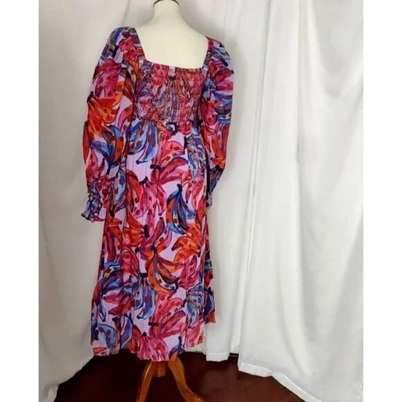 FARM Rio Maxi Dress L Coloured Bananas Puff Sleeves Smocked Tropical - Picture 8 of 15